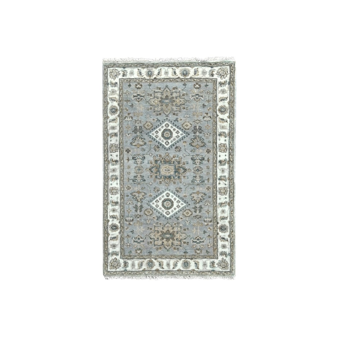 3'1"x5' Misty Gray Hand Knotted Karjihooz Design Wool Oriental Rug: 3'1"x5' Misty Gray Hand Knotted Karjihooz Design Wool Oriental Rug Misty Gray Karjihooz Design Wool Oriental Rug boasts a stunning rectangular field with intricate brown, beige, and light blue accents