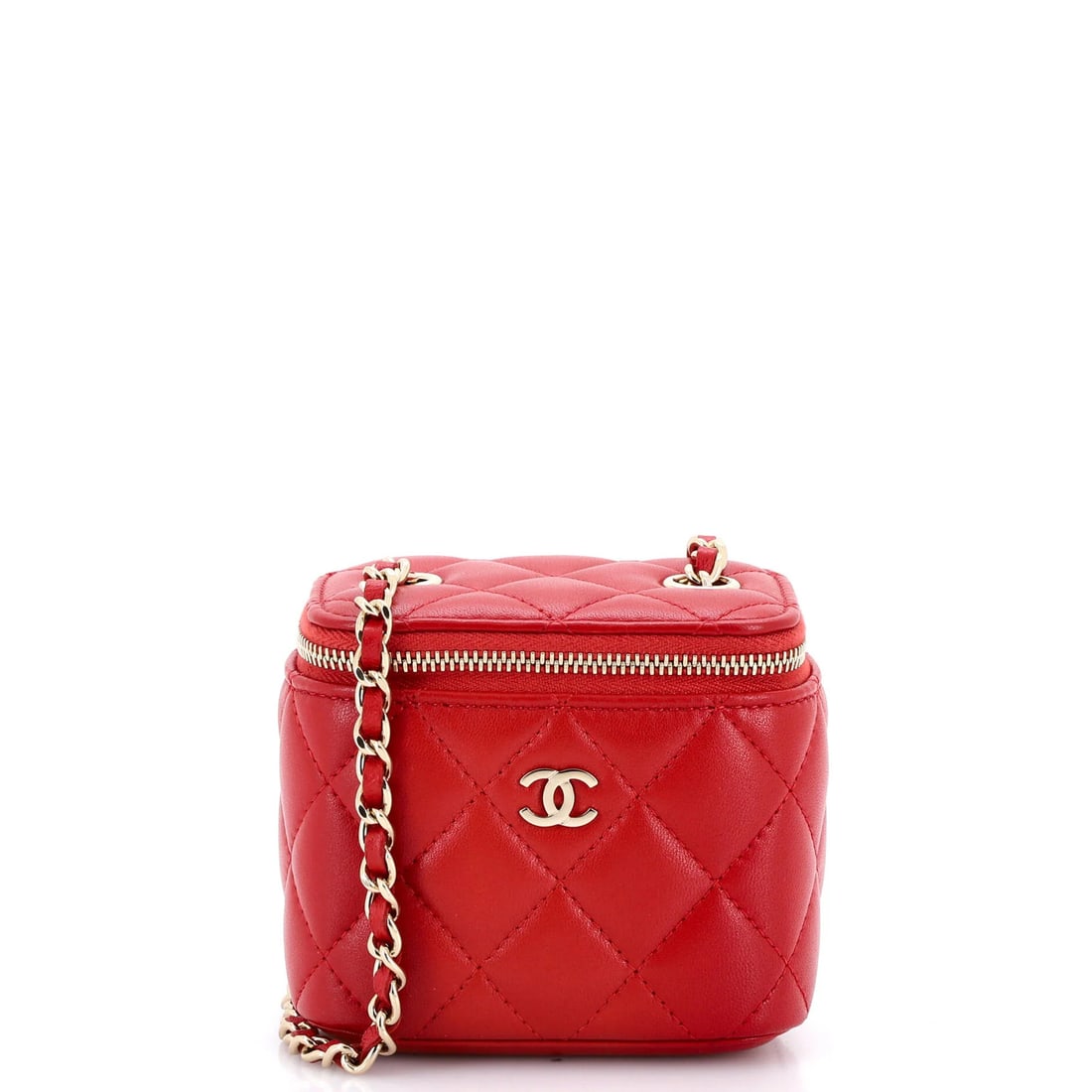 Chanel Quilted Lambskin Case with Mini Chain Vanity: Chanel Quilted Lambskin Case with Mini Chain Vanity Red Chanel Mini Quilted Lambskin Cross Body Bag with Chain Vanity, featuring quilted lambskin exterior and gold tone hardware. This classic vanity c