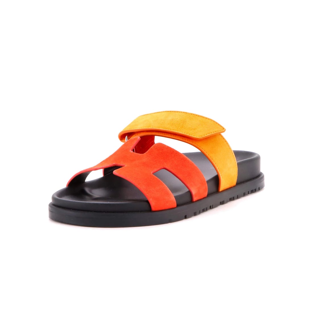 Hermes Women's Chypre Sandals Suede: Hermes Women's Chypre Sandals Suede Orange suede upper, leather interior and palladium hardware define the Hermes Women's Chypre Sandals Suede. Featuring light scuffs and wear on uppers, minor wear