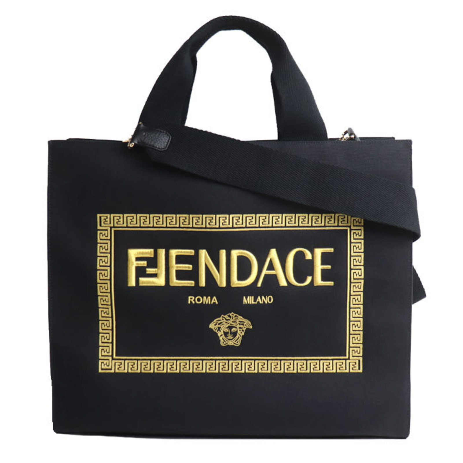 Shoulder Bag by Versace: Shoulder Bag by Versace Black canvas shoulder bag with gold accents, crafted by Italian luxury brand Versace. Measuring 40cm x 48cm x 18cm, this stylish accessory features a sleek design and premium m