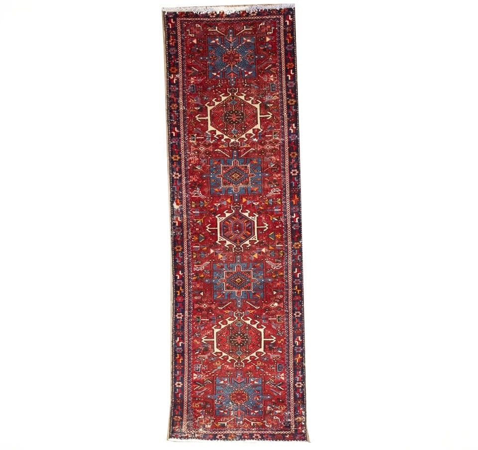 2'9 X 9'0 Semi-Antique Hand-Knotted Tribal Red Runner Rug Carpet 3X9 Ft Hand-Knotted: 2'9 X 9'0 Semi-Antique Hand-Knotted Tribal Red Runner Rug Carpet 3X9 Ft Hand-Knotted This stunning semi-antique hand-knotted tribal runner rug boasts an intricate geometric pattern in rich, vibrant co