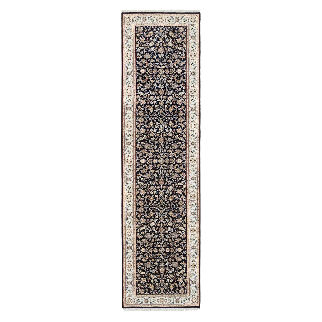 2'8"x10' Midnight Blue Pure Wool Hand Knotted Nain Runner Oriental Rug: 2'8"x10' Midnight Blue Pure Wool Hand Knotted Nain Runner Oriental Rug Midnight blue pure wool hand-knotted Nain runner rug, measuring 2'8" x 10', boasts an intricate field of blue hues with subtle ac