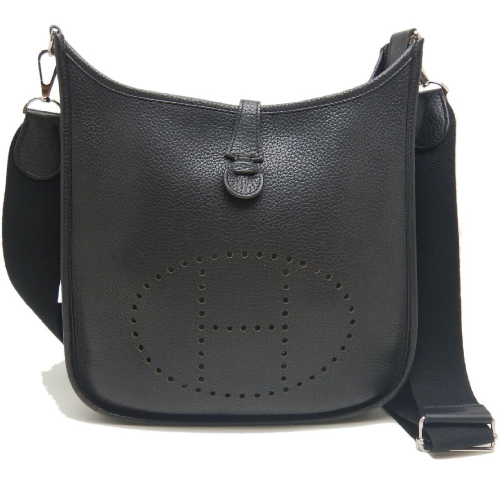 Hermes Shoulder Bag Taurillon Clemence Leather: Hermes Shoulder Bag Taurillon Clemence Leather Taurillon Clemence leather provides a rich, dark color to this elegant shoulder bag. With its silver hardware and adjustable strap length, the Evelyne st
