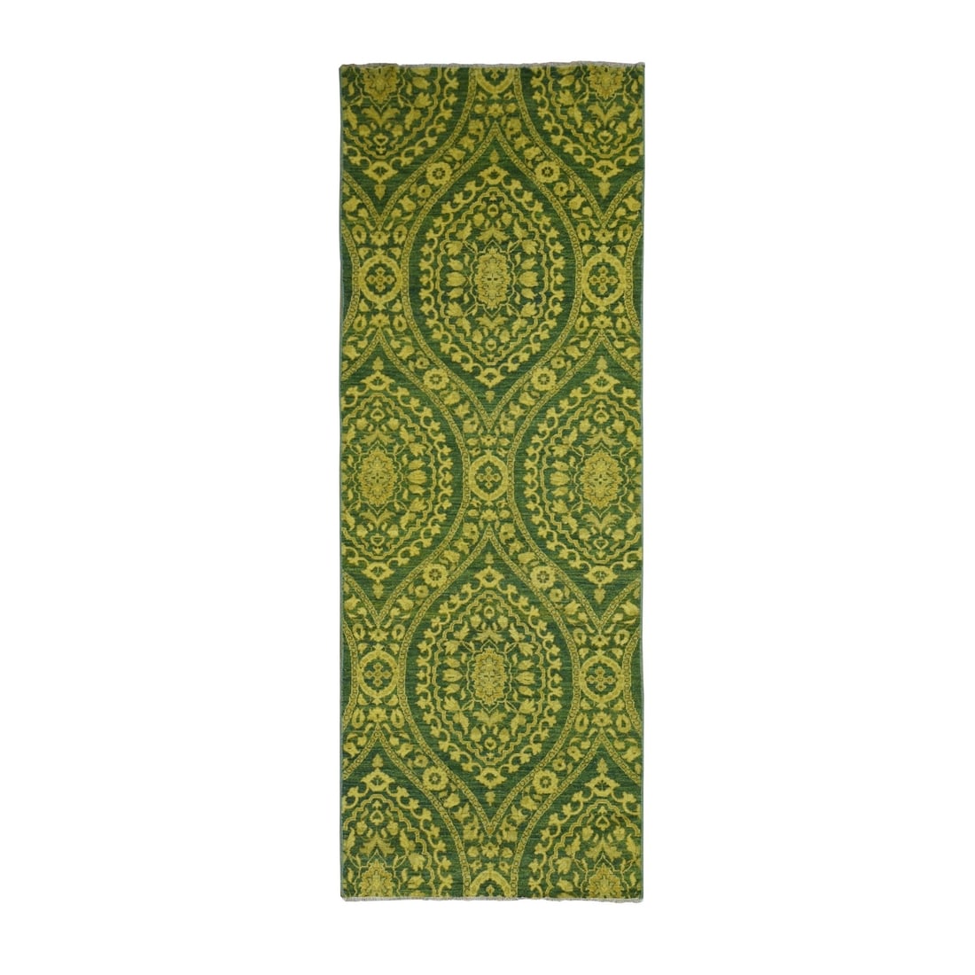 4'1"x11'8" Green Overdyed Mughal Design Hand Knotted Wool Wide Runner Rug: 4'1"x11'8" Green Overdyed Mughal Design Hand Knotted Wool Wide Runner Rug Hand-knotted in wool, this stunning Mughal design runner rug boasts intricate green overdyed hues and a rich, regional Afghan 