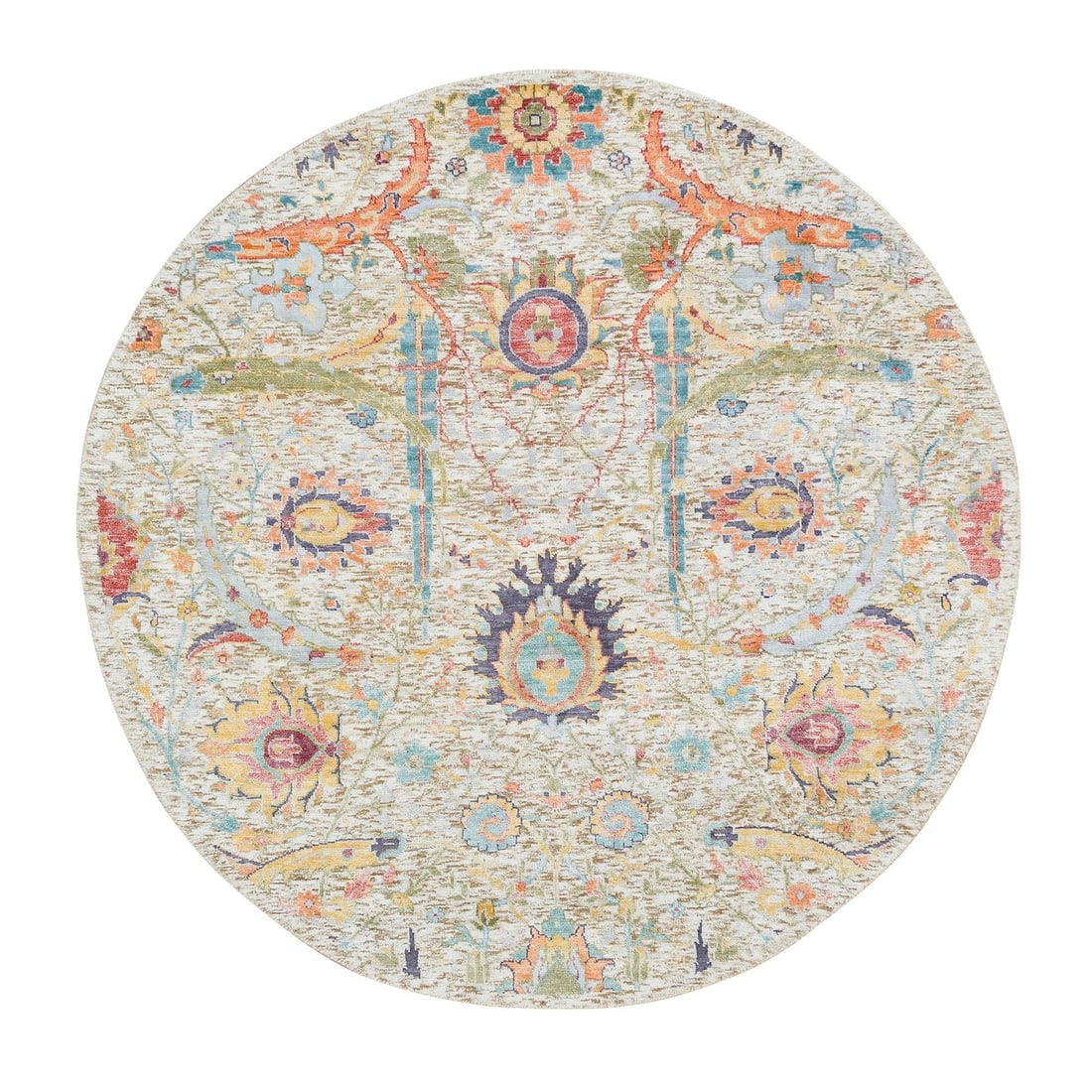 Tan Silk Wool Round Hand Knotted Rug Sickle Leaf Design 5'2: Tan Silk Wool Round Hand Knotted Rug Sickle Leaf Design 5'2 This stunning Tan Silk Wool Round Hand Knotted Rug boasts an intricate Sickle Leaf design in a soft, beige color. Made from luxurious silk a