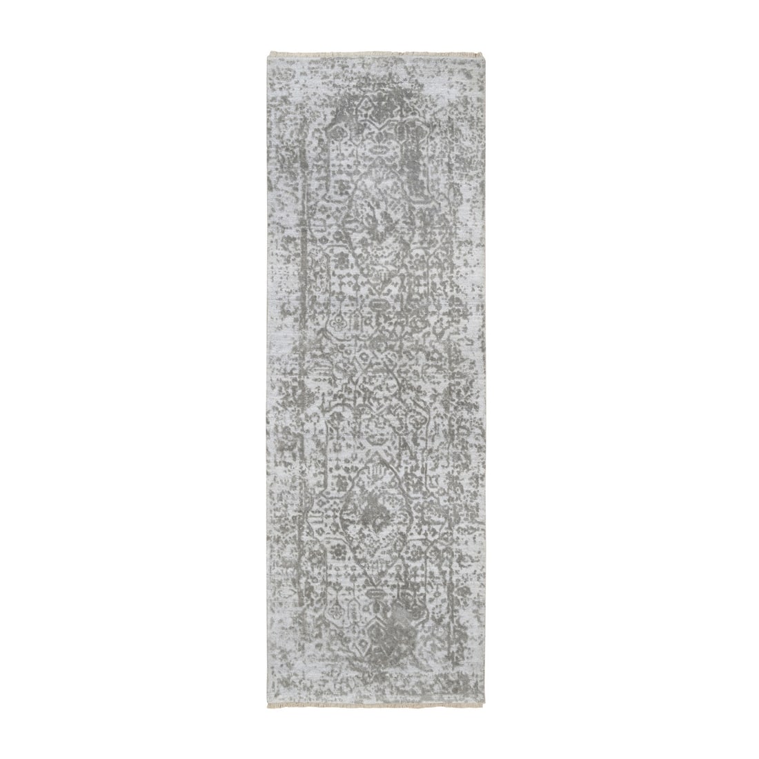 2'7"x7'9" Wool and Pure Silk Hand Knotted Gray Broken Farsian Runner Rug: 2'7"x7'9" Wool and Pure Silk Hand Knotted Gray Broken Farsian Runner Rug The 2'7"x7'9" Wool and Pure Silk Hand Knotted Gray Broken Farsian Runner Rug boasts a stunning grey color with intricate patter