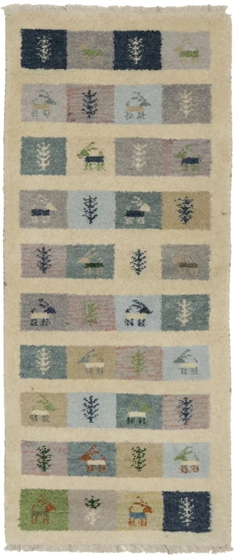 2X5 Indo-Gabbeh Pictorial Design Wool Rug Small Oriental Entrance Carpet Hand-Knotted: 2X5 Indo-Gabbeh Pictorial Design Wool Rug Small Oriental Entrance Carpet Hand-Knotted The Indo-Gabbeh Pictorial Design Wool Rug boasts an impressive hand-knotted construction with a thick, high pile t