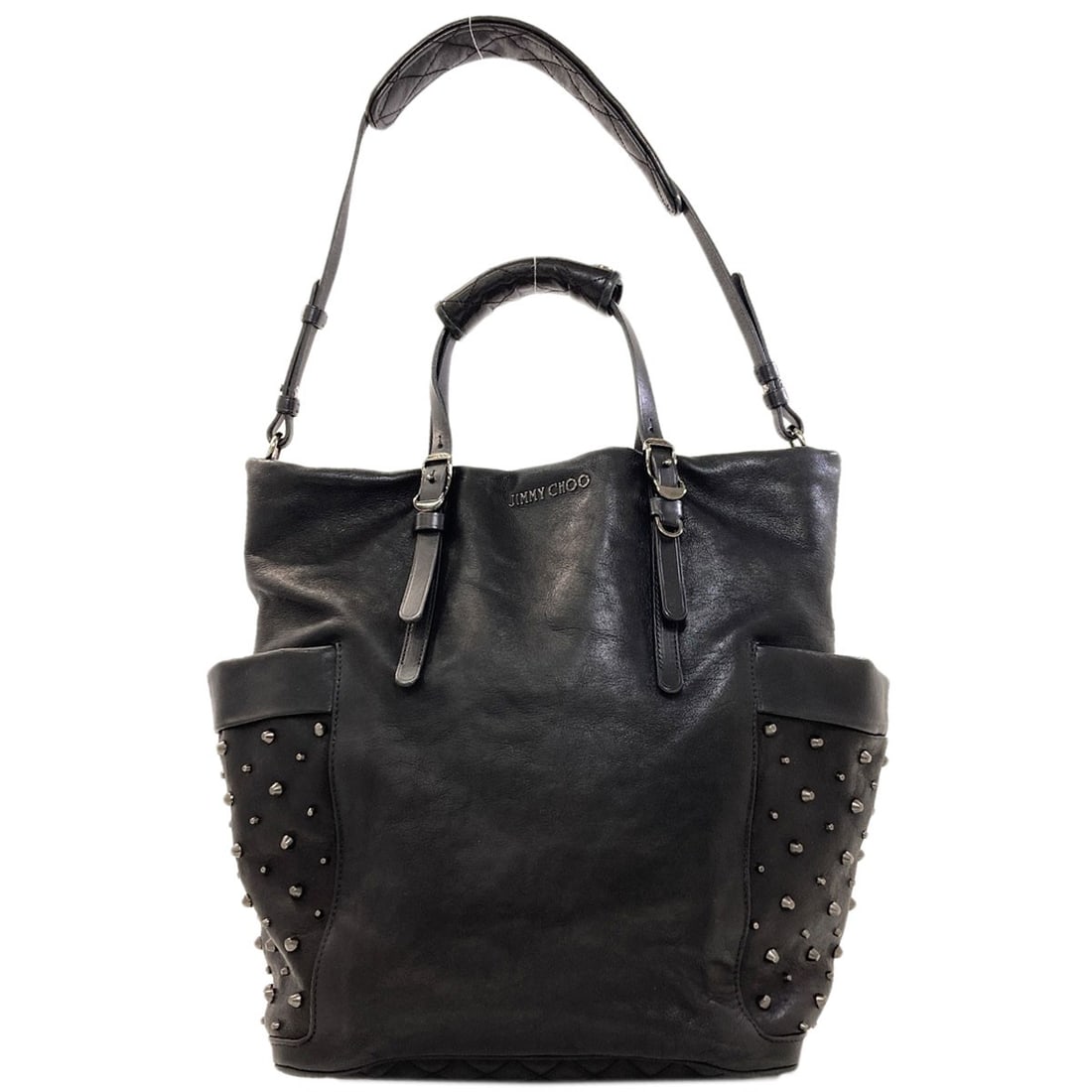 Jimmy Choo leather handbag studs: Jimmy Choo leather handbag studs Jimmy Choo leather handbag studs are made from high-quality black leather, adding a touch of sophistication to any outfit. The studs feature the iconic Jimmy Choo bran