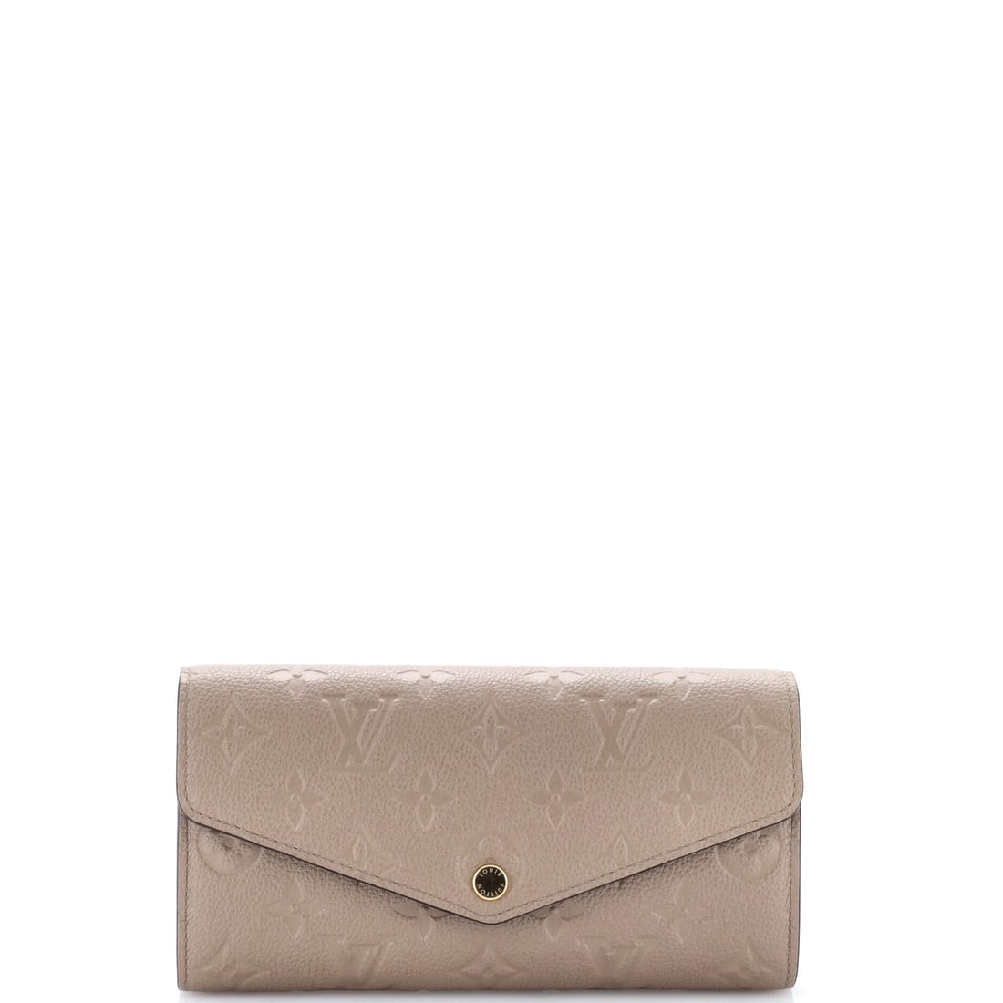 Monogram Empreinte Leather Wallet Sarah NM Louis Vuitton: Monogram Empreinte Leather Wallet Sarah NM Louis Vuitton Neutral-toned Monogram Empreinte Leather Wallet with Gold Hardware, featuring scuffs and light wear on the exterior and discoloration in the in