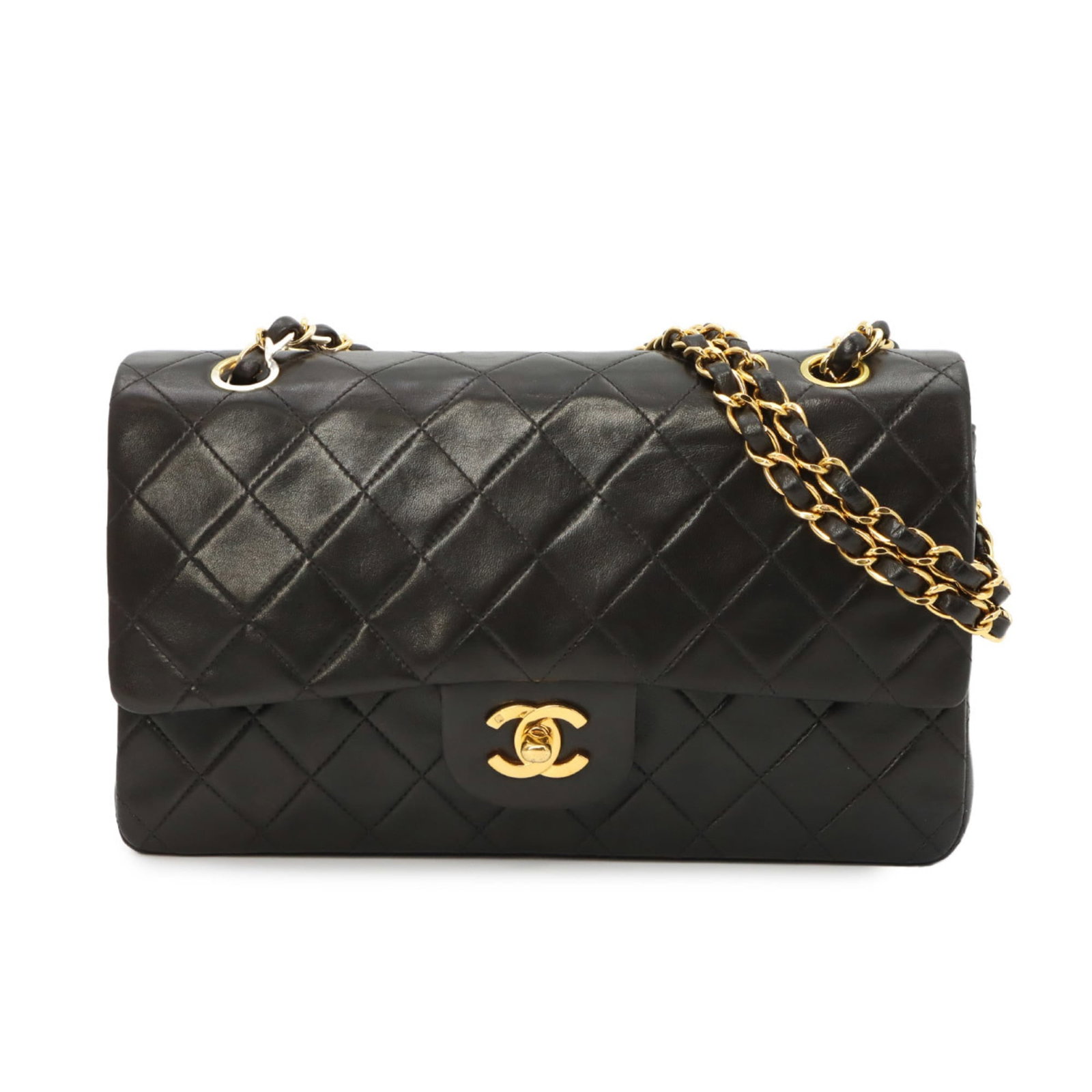 Chanel Handbag Shoulder Bag Leather: Chanel Handbag Shoulder Bag Leather Black lambskin leather Chanel shoulder bag with classic design, measuring 16.5cm x 25.5cm x 7.5cm. Made from high-quality leather, this iconic handbag features a ti