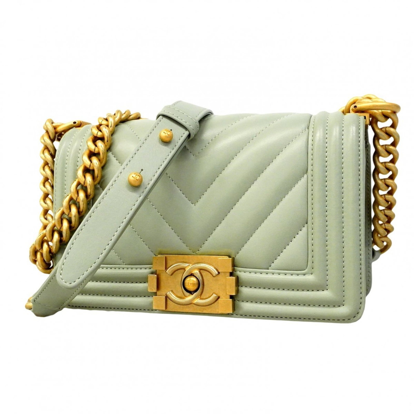 Shoulder Bag Leather Chanel: Shoulder Bag Leather Chanel This Light Green Lambskin Shoulder Bag from Chanel features elegant gold hardware and premium leather construction. With its classic design and timeless color, it's a styli