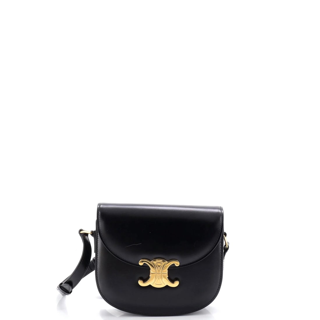 Celine Triomphe Besace Clea Flap Bag Leather: Celine Triomphe Besace Clea Flap Bag Leather The Celine Triomphe Besace Clea Flap Bag Leather boasts sleek black leather exterior with gold hardware, measuring 6" tall and 7" wide. This stylish should