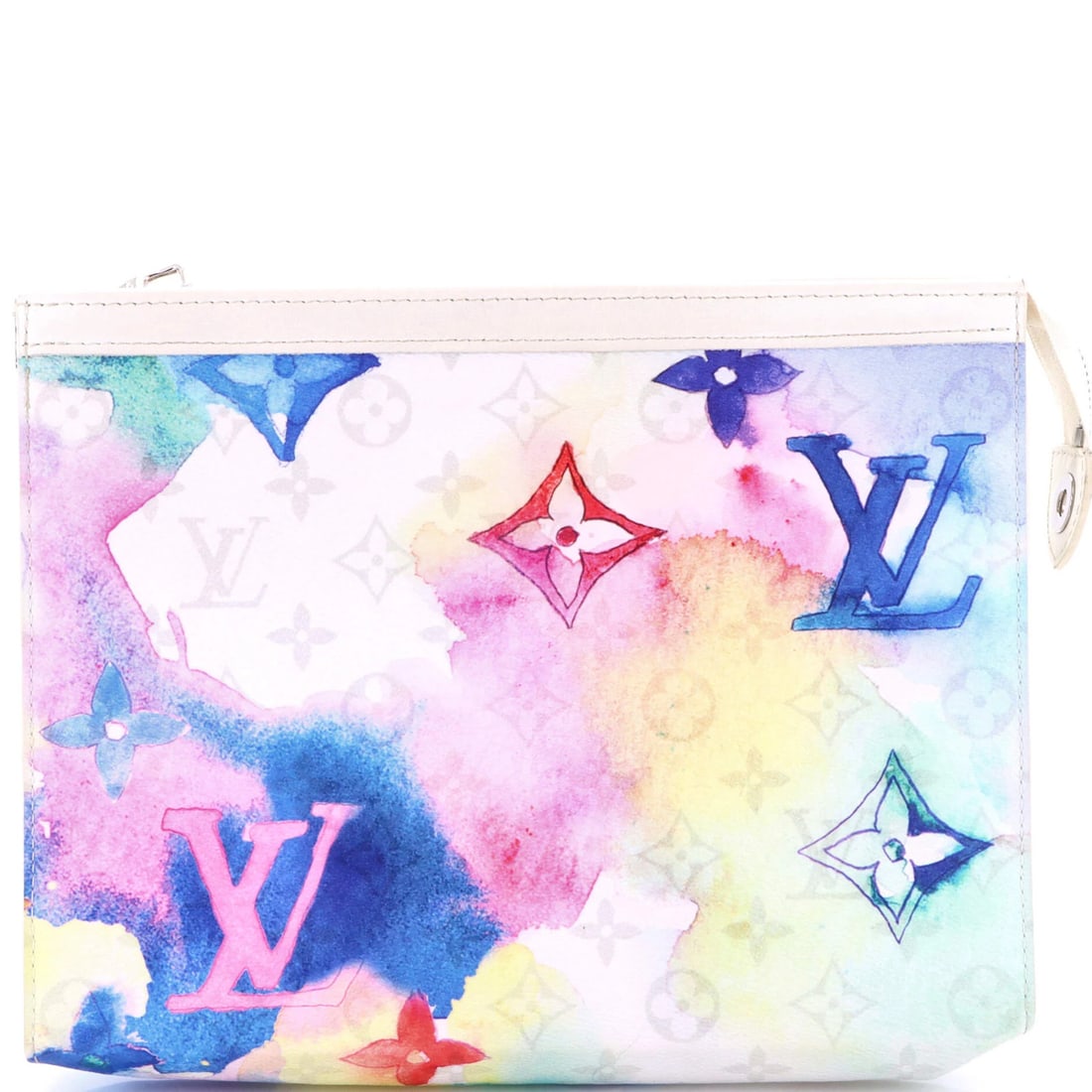 Voyage Edition Monogram Watercolor Canvas MM Louis Vuitton Pochette Limited: Voyage Edition Monogram Watercolor Canvas MM Louis Vuitton Pochette Limited White canvas-coated leather exterior with multicolor and white accents, featuring the iconic Monogram Watercolor design. Thi