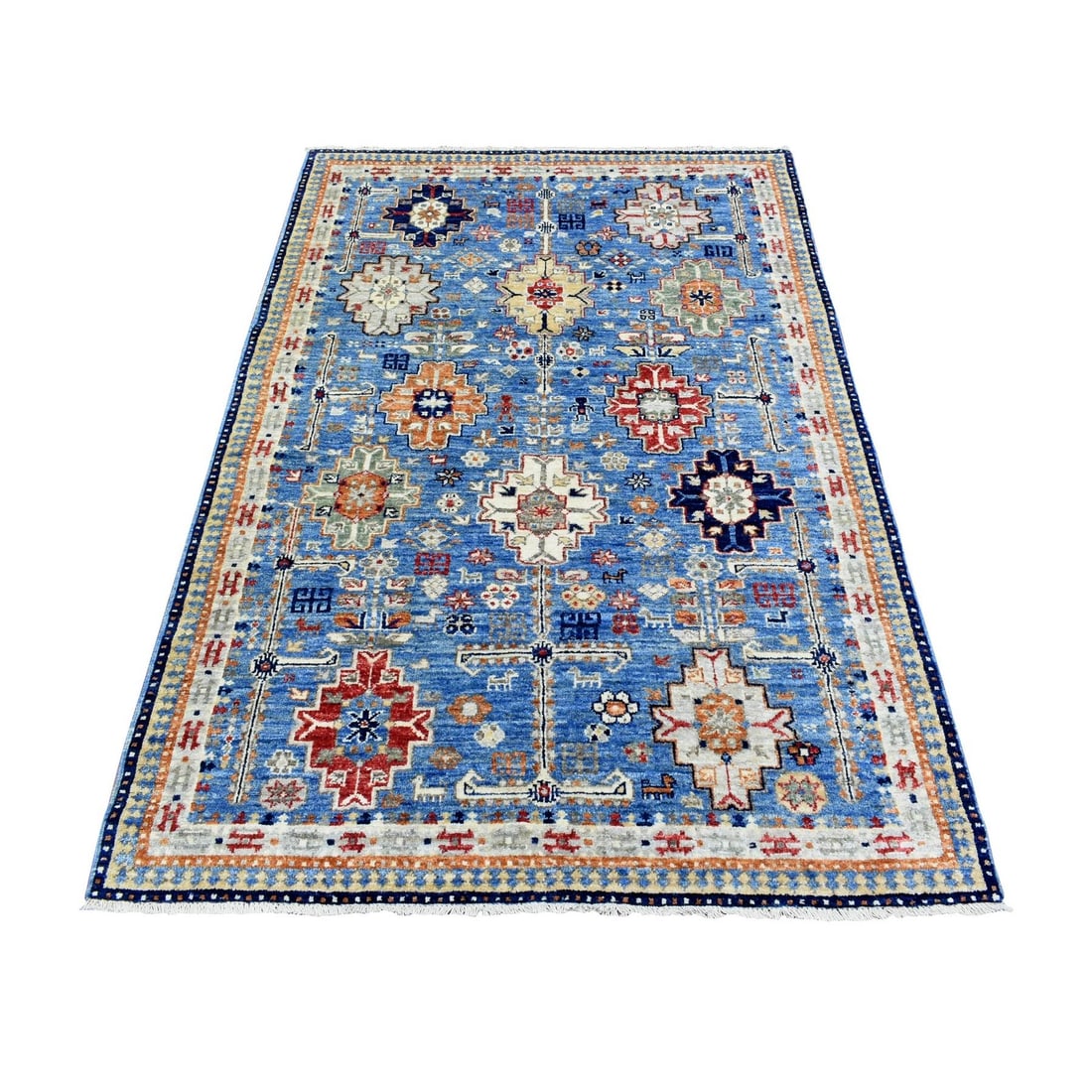 4'x5'10" Light Blue Extra Soft Wool Hand Knotted Afghan Ersari Rug: 4'x5'10" Light Blue Extra Soft Wool Hand Knotted Afghan Ersari Rug Soft to the touch, this stunning Light Blue Extra Soft Wool Hand Knotted Afghan Ersari Rug boasts an intricate rectangular field with
