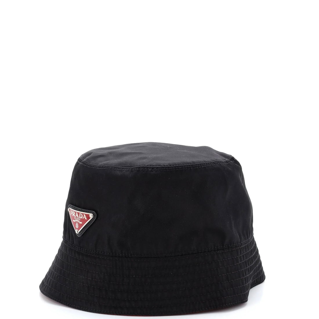 Prada Logo Bucket Hat Re-Nylon: Prada Logo Bucket Hat Re-Nylon Black Prada Logo Bucket Hat Re-Nylon features a 70.7" head circumference and measures 5.5" in height, with minor marks on the exterior and wear on the interior. The hat'