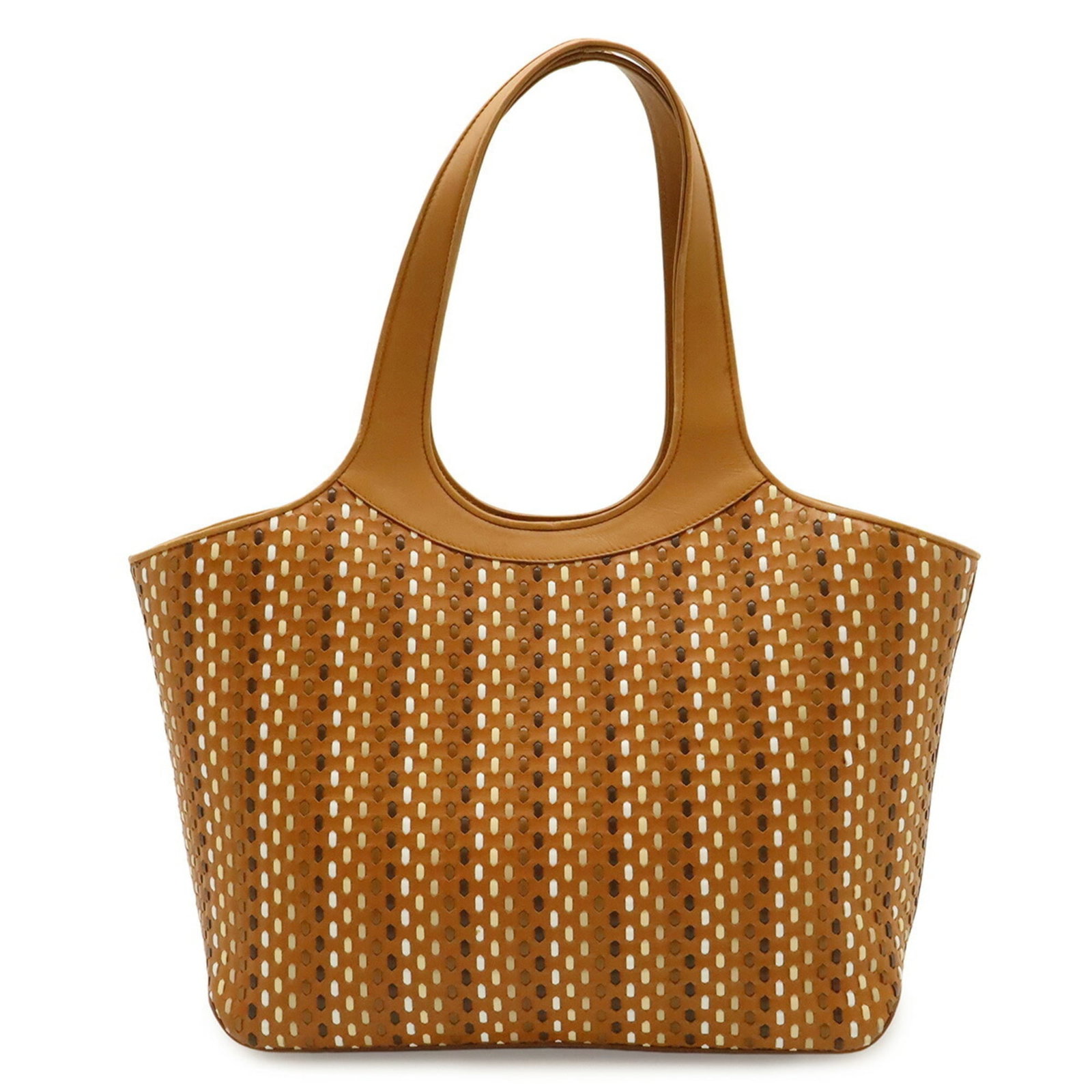 Salvatore Ferragamo leather tote bag: Salvatore Ferragamo leather tote bag Brown, Camel, and White leather Salvatore Ferragamo tote bag with a zipper outer pocket, measuring 24.5cm x 39.5cm x 11cm, weighing 550g. Made from high-quality le