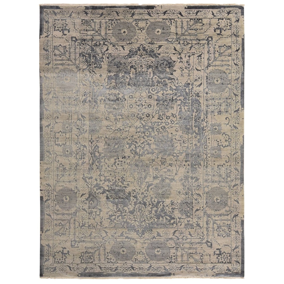 9'1"x12' Tan Color Erased Zoroastrian Design Wool & Silk Hand Knotted Rug: 9'1"x12' Tan Color Erased Zoroastrian Design Wool & Silk Hand Knotted Rug This stunning 9'1"x12' Tan Color Erased Zoroastrian Design Wool & Silk Hand Knotted Rug boasts an intricate, transitional styl