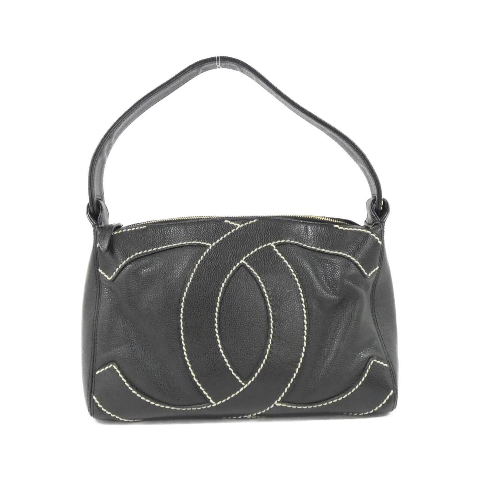 Calfskin Shoulder Bag by Chanel: Calfskin Shoulder Bag by Chanel Calfskin shoulder bag by Chanel, featuring grained calfskin material and gold hardware, boasts a sleek black design. With dimensions of 18cm x 28.5cm x 10cm, this