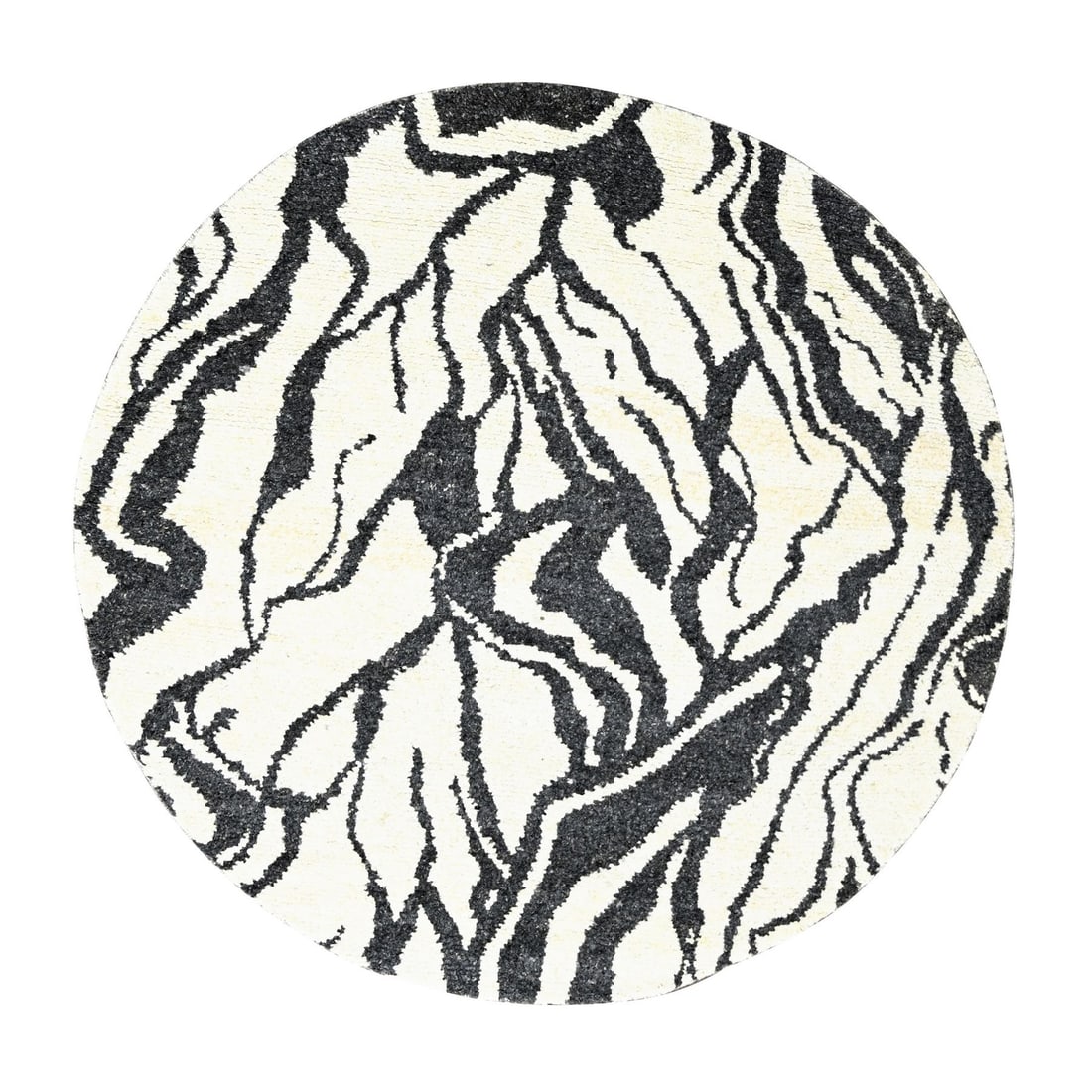 8'x8' Ivory with Black Hand Knotted Modern Design Wool Round Oriental Rug: 8'x8' Ivory with Black Hand Knotted Modern Design Wool Round Oriental Rug This stunning 8'x8' Ivory with Black Hand Knotted Modern Design Wool Round Oriental Rug boasts a striking modern design, exper