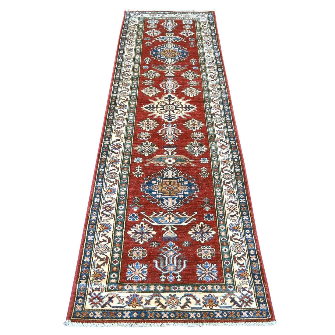 2'6"x8'1" Red Afghan Super Kazak Medallions Design Hand Knotted Wool Rug: 2'6"x8'1" Red Afghan Super Kazak Medallions Design Hand Knotted Wool Rug This stunning Red Afghan Super Kazak Medallions Design Hand Knotted Wool Rug boasts an all-over regional design in rich red and