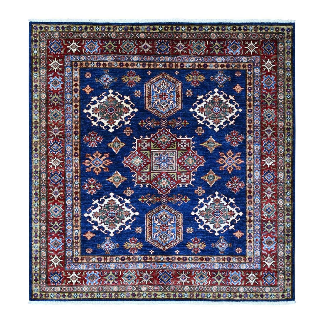 6'x6' Boeing Blue Hand Knotted Super Kazak Pure Wool Square Oriental Rug: 6'x6' Boeing Blue Hand Knotted Super Kazak Pure Wool Square Oriental Rug The 6'x6' Boeing Blue Hand Knotted Super Kazak Pure Wool Square Oriental Rug boasts an impressive blue field color,