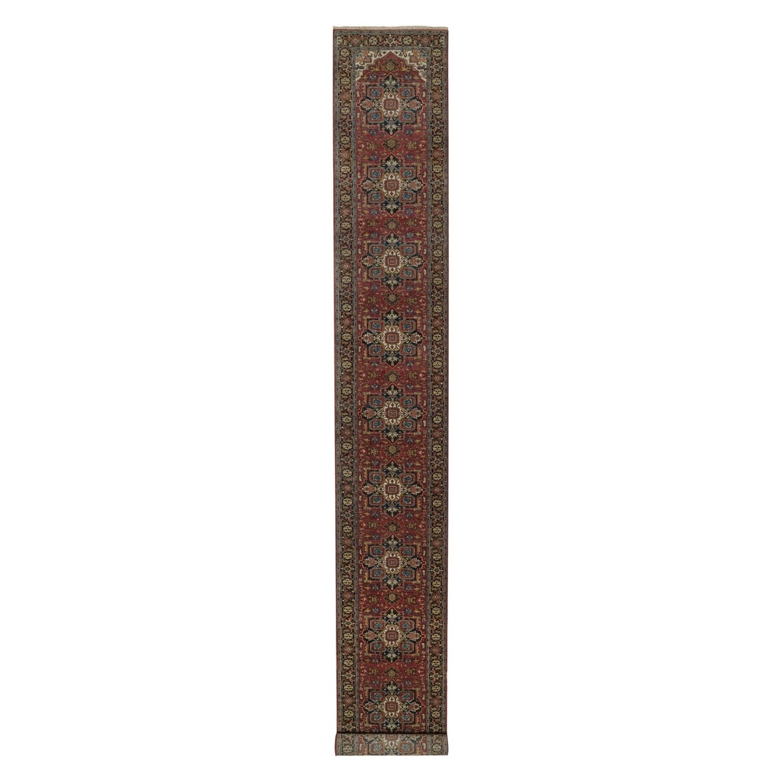 2'7"x20'4" Red Hand Knotted Wool Runner Rug Antiqued Fine Heris Revival: 2'7"x20'4" Red Hand Knotted Wool Runner Rug Antiqued Fine Heris Revival Red Hand Knotted Wool Runner Rug with Medallion Pattern, measuring 2'7" x 20'4". This antique Heris-style rug features a rich