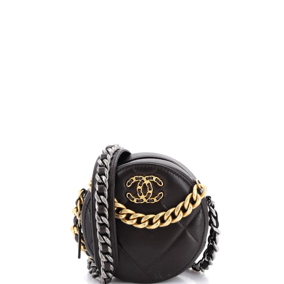 Chain quilted leather clutch round 19 Chanel: Chain quilted leather clutch round 19 Chanel Chain quilted leather round clutch in rich brown, featuring a classic Chanel design with silver hardware. This 19 model round clutch boasts a unique chain