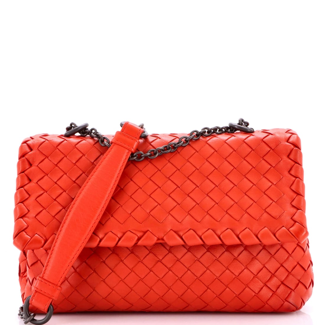 Bottega Veneta Olimpia Crossbody Bag Intrecciato Nappa Small: Bottega Veneta Olimpia Crossbody Bag Intrecciato Nappa Small Small Orange Bottega Veneta Olimpia Crossbody Bag with Intrecciato Nappa Leather Exterior and Suede Brown Interior, featuring a classic
