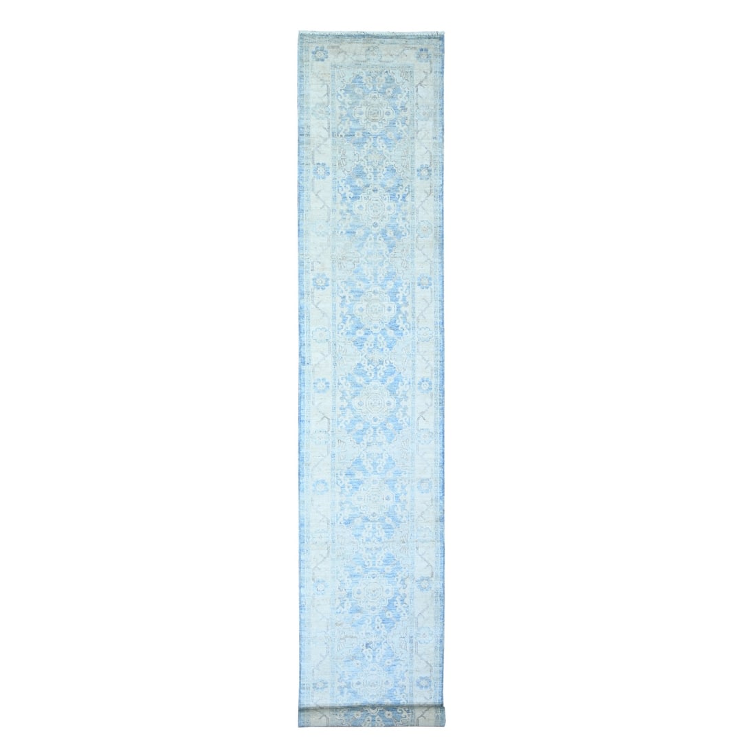 2'6"x16'2" Blue Wool Peshawar Faded Design Hand Knotted XL Runner Rug: 2'6"x16'2" Blue Wool Peshawar Faded Design Hand Knotted XL Runner Rug This stunning Blue Wool Peshawar Faded Design Hand Knotted XL Runner Rug boasts an intricate Oriental design, crafted from high-qu