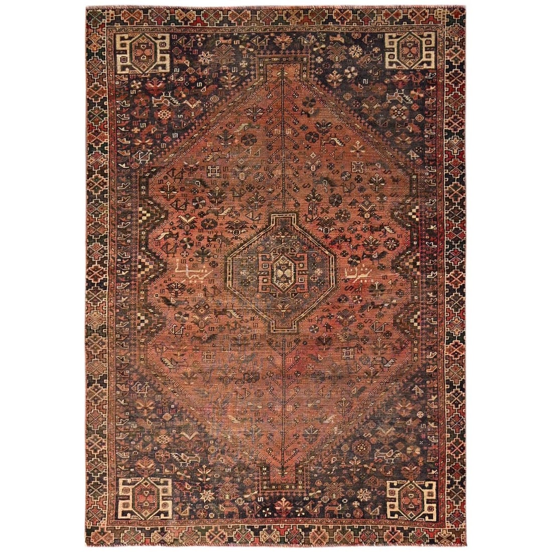 5'1"x7'2" Rust Vintage Zoroastrian Sheeraz Bird Figurines Hand Knotted Wool: 5'1"x7'2" Rust Vintage Zoroastrian Sheeraz Bird Figurines Hand Knotted Wool This stunning vintage Zoroastrian Sheeraz bird figurine rug boasts an intricate medallion pattern and rich orange field, per