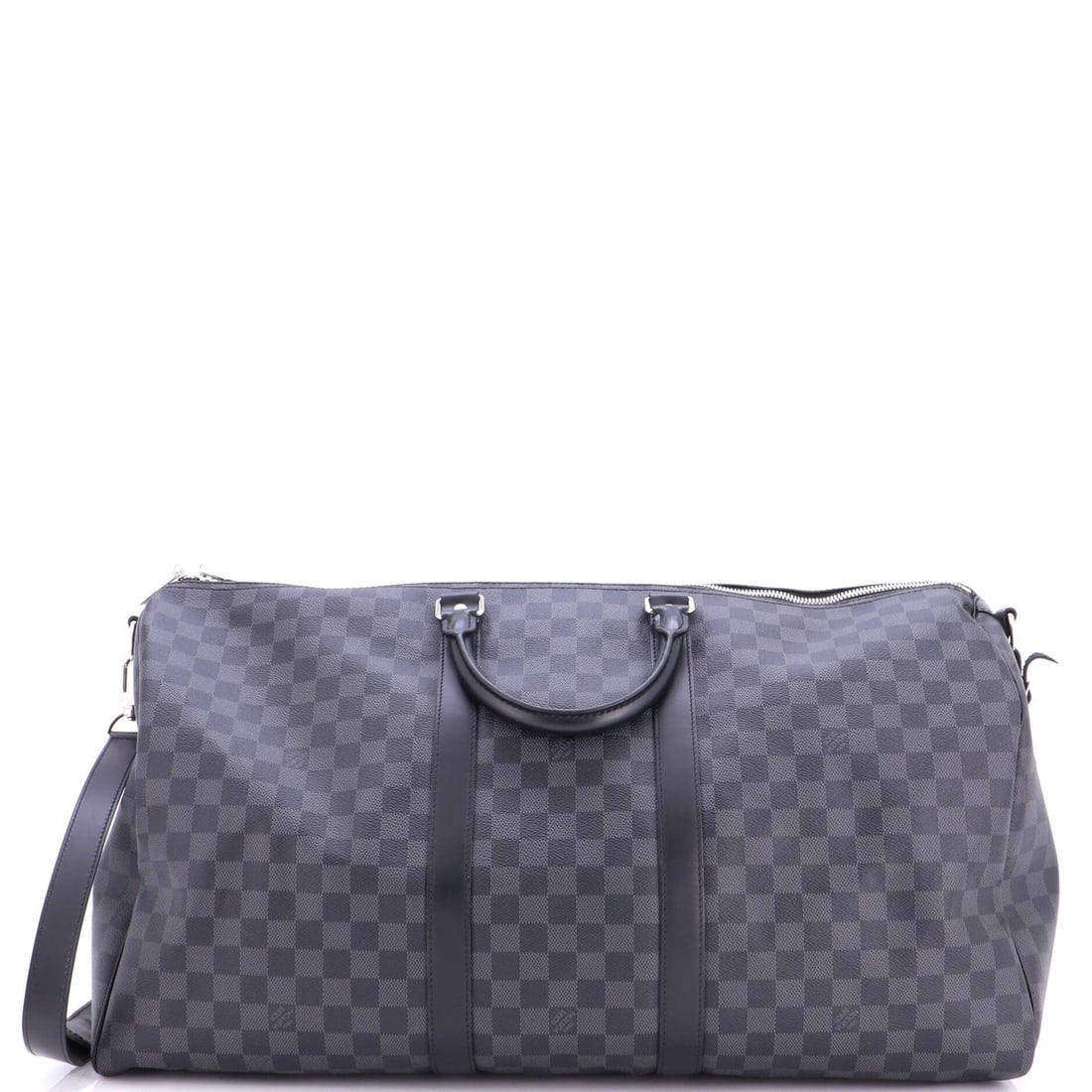 Vuitton Louis Damier Graphite Bag Keepall Bandouliere 55: Vuitton Louis Damier Graphite Bag Keepall Bandouliere 55 Canvas Coated Louis Vuitton Damier Graphite Keepall Bandouliere 55 with Poignet Luggage Tag, featuring a classic black exterior and silver hard