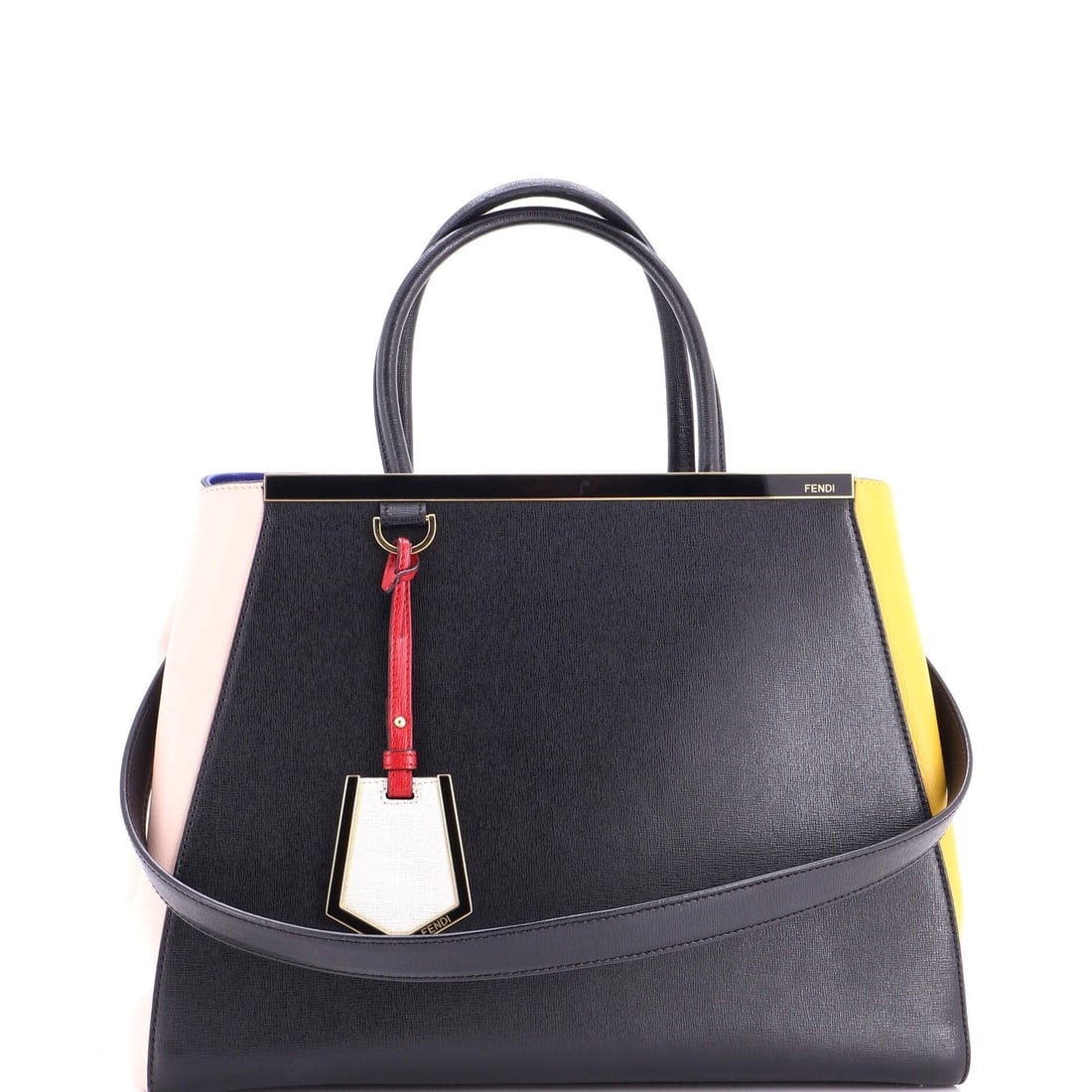 Fendi 2Jours Bag Leather Medium: Fendi 2Jours Bag Leather Medium The Fendi 2Jours Bag Leather Medium boasts a striking exterior with its signature pink hue, complemented by black and yellow accents. This versatile tote features a med