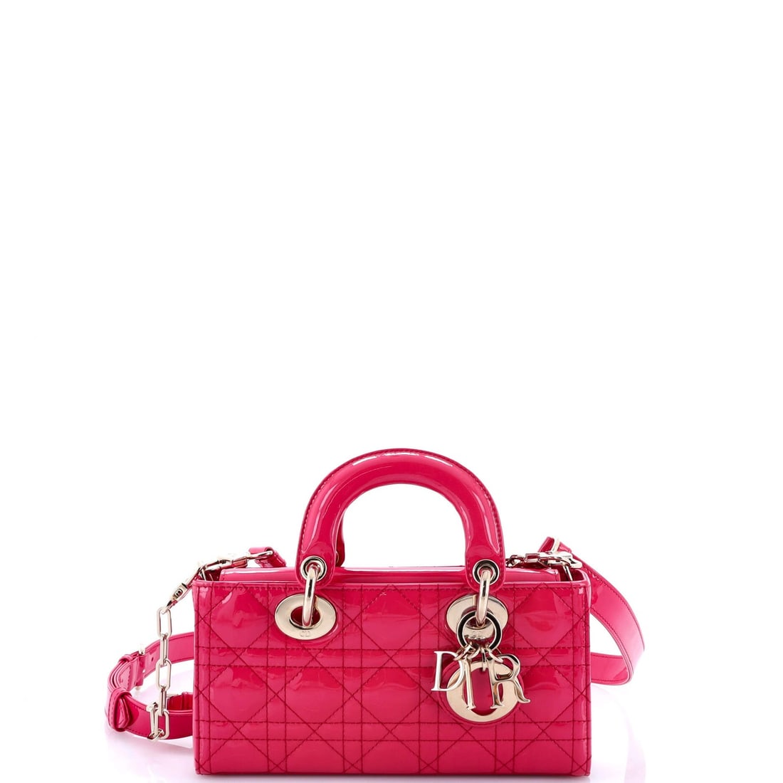 Christian Dior Lady D-Joy Bag Cannage Quilt Patent Small: Christian Dior Lady D-Joy Bag Cannage Quilt Patent Small Patent leather exterior, gold hardware, and a soft pink interior make the Christian Dior Lady D-Joy Bag Cannage Quilt Patent Small a stylish ac