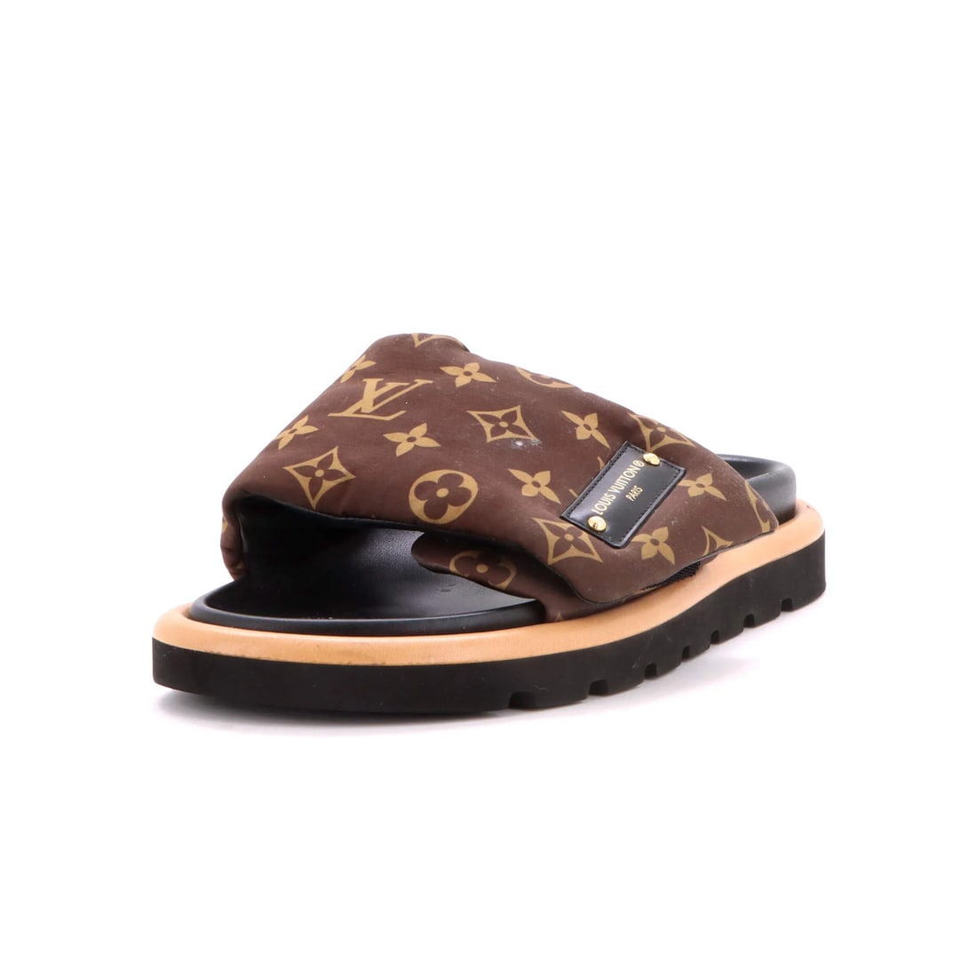 Louis Vuitton Women's Monogram Nylon Pool Comfort Mule Sandals: Louis Vuitton Women's Monogram Nylon Pool Comfort Mule Sandals Brown Louis Vuitton Monogram Nylon Pool Comfort Mule Sandals with classic design, featuring the iconic monogram pattern on the exterior a