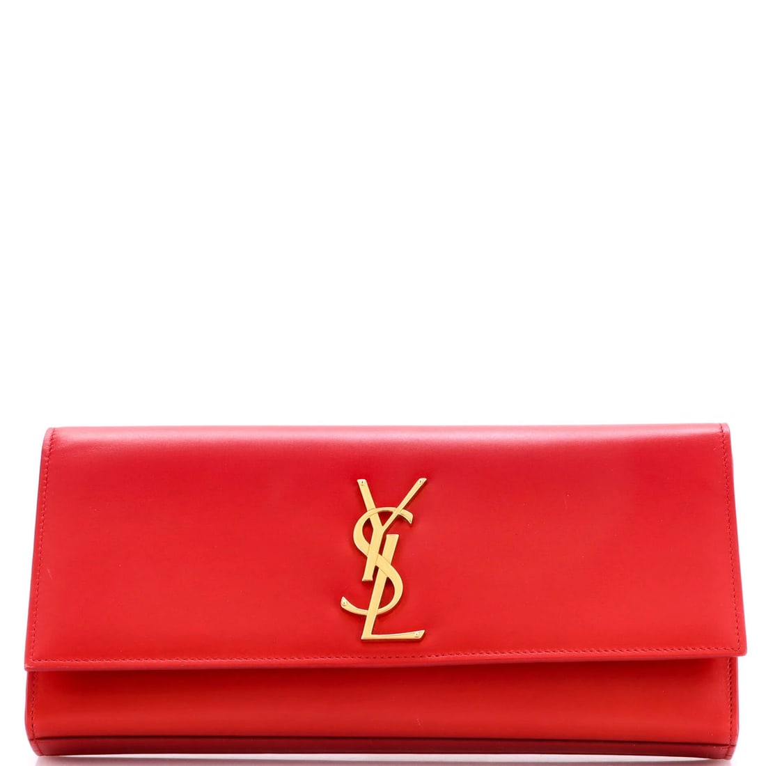 Monogram Leather Long Classic Clutch Saint Laurent: Monogram Leather Long Classic Clutch Saint Laurent Red leather exterior with classic monogram design, long strap drop and gold hardware. This Saint Laurent clutch features suede interior in matching r