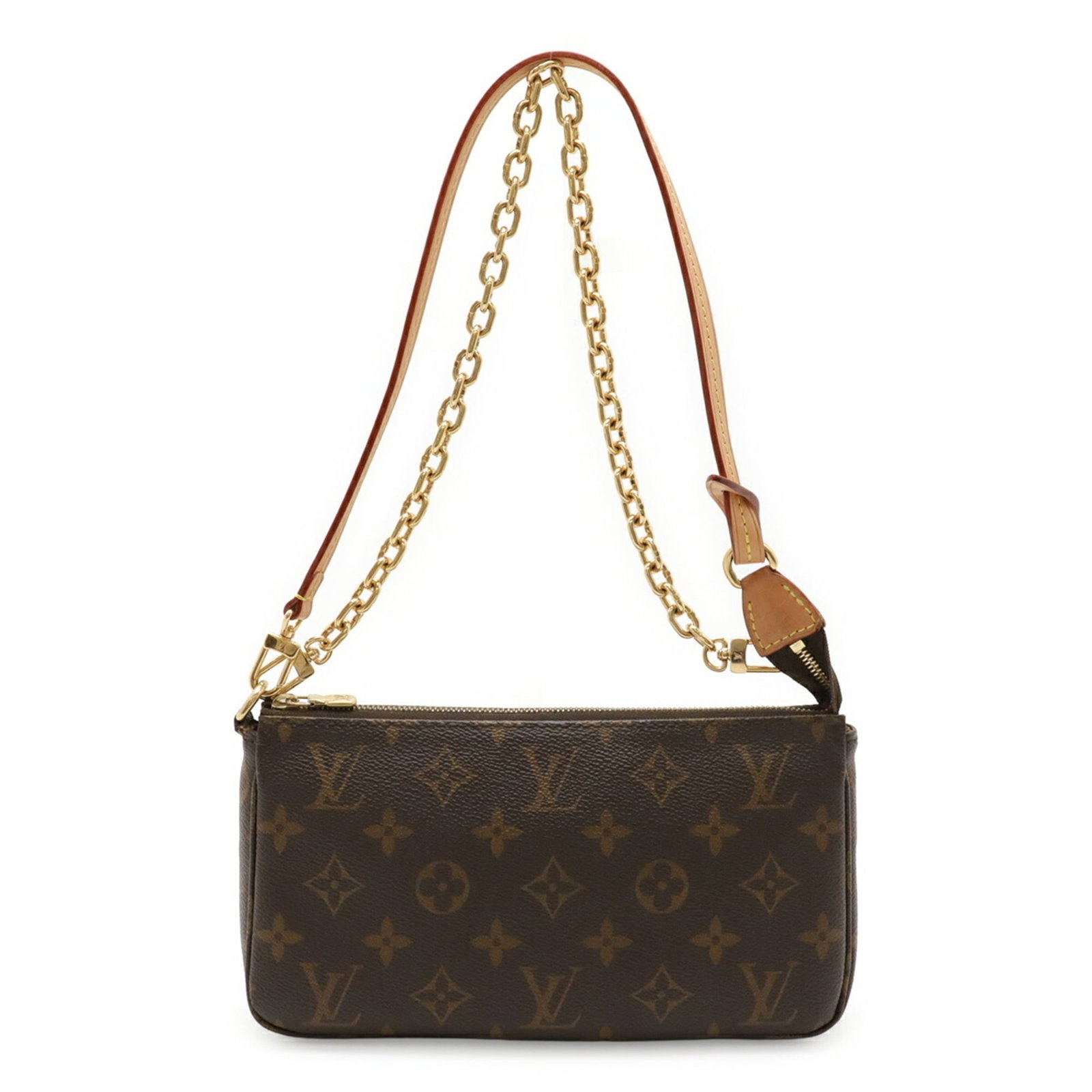 Louis Vuitton Pochette Monogram: Louis Vuitton Pochette Monogram Brown Louis Vuitton Pochette Monogram bag with 49cm shoulder strap, measuring 12.5cm x 22cm x 4cm. This iconic design features the signature monogram pattern and is mad