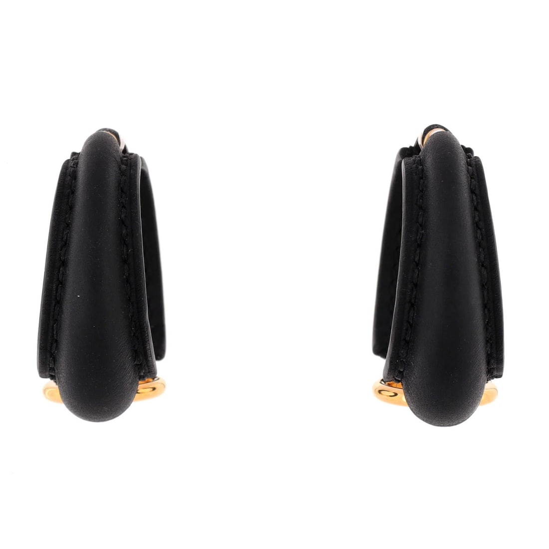 Equestre Hermes Leather Large Earrings with Metal Epure: Equestre Hermes Leather Large Earrings with Metal Epure Black and gold Equestre Hermes Leather with Metal Epure earrings, measuring 1.6" in height and 1.87" in width, feature a unique leather exterior