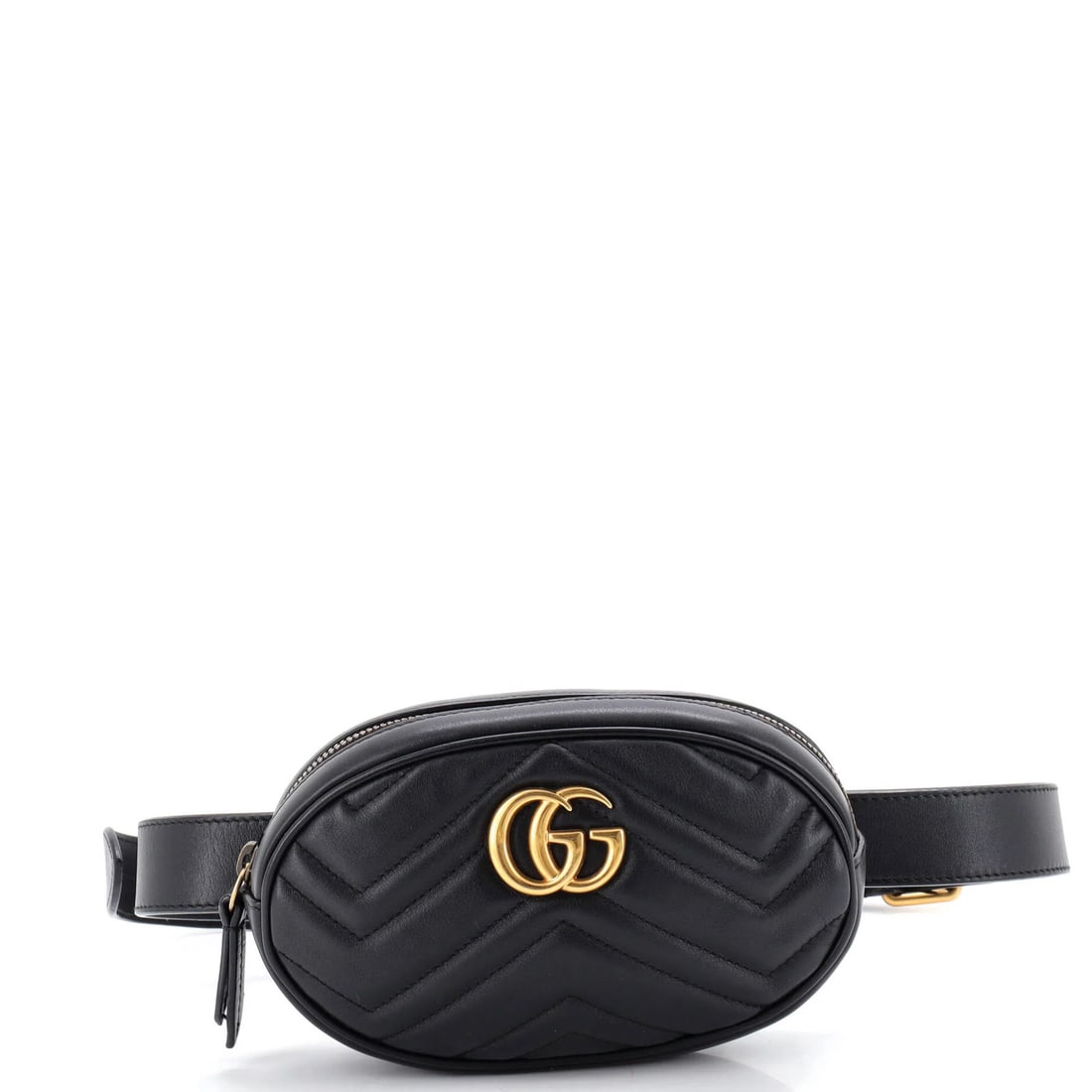 Matelasse leather belt bag Gucci GG Marmont: Matelasse leather belt bag Gucci GG Marmont Black Matelasse Leather GG Marmont Belt Bag with Gold Hardware, featuring a neutral microfiber interior. The bag showcases subtle signs of wear, including c