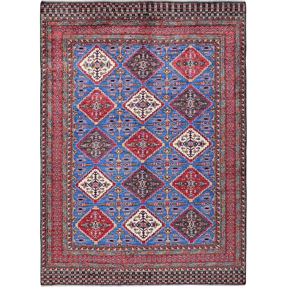 6'1"x8'6" Blue Afghan Ersari Caucasian Design Revival Hand Knotted Wool Rug: 6'1"x8'6" Blue Afghan Ersari Caucasian Design Revival Hand Knotted Wool Rug The Blue Afghan Ersari Caucasian Design Revival Hand Knotted Wool Rug boasts an impressive rectangular field with a striking