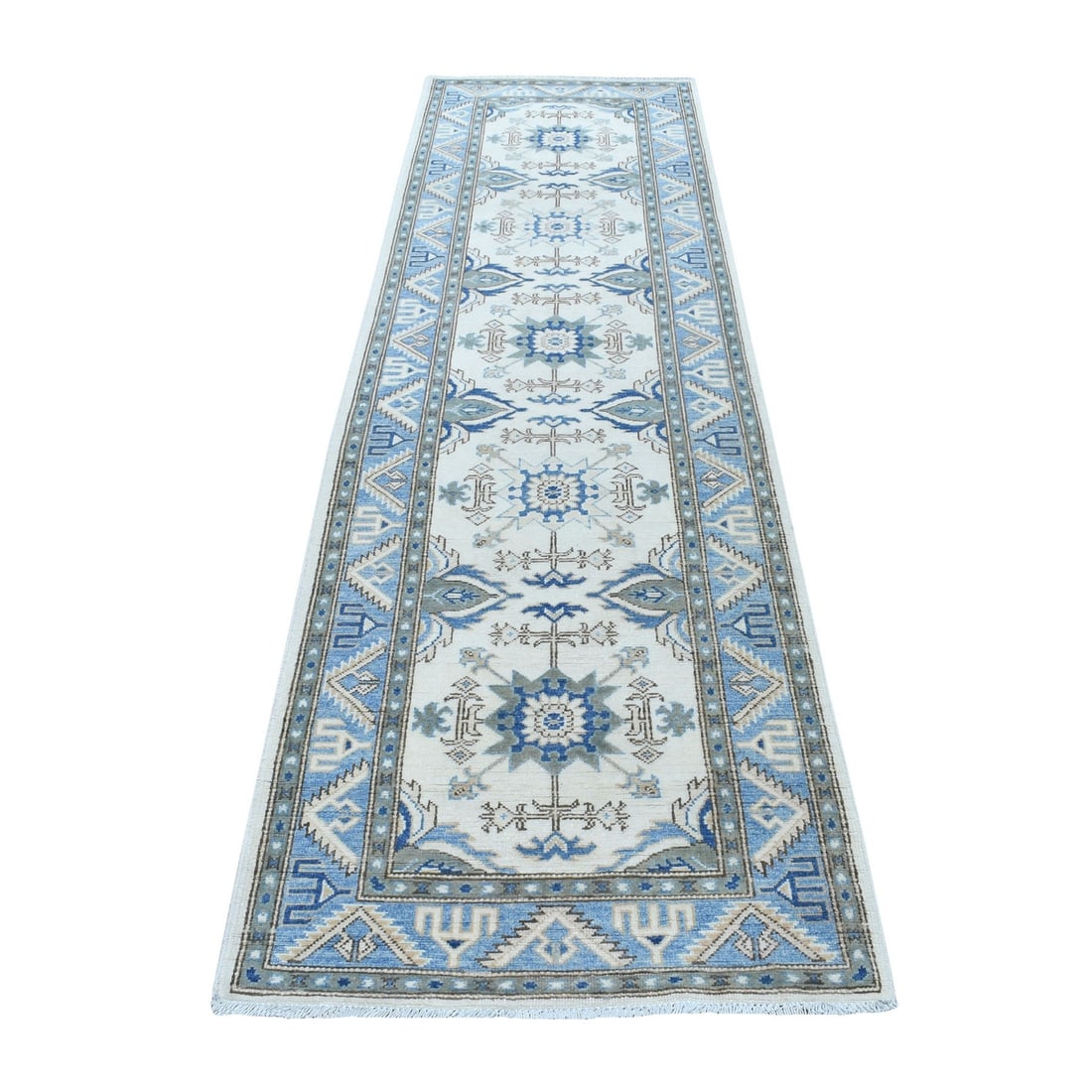 2'9"x9'7" Ivory Organic Wool Vintage Look Kazak Hand Knotted Runner Rug: 2'9"x9'7" Ivory Organic Wool Vintage Look Kazak Hand Knotted Runner Rug This stunning 2'9"x9'7" Kazak hand-knotted runner rug boasts an authentic Afghan weave and ivory field color, creating a beautif