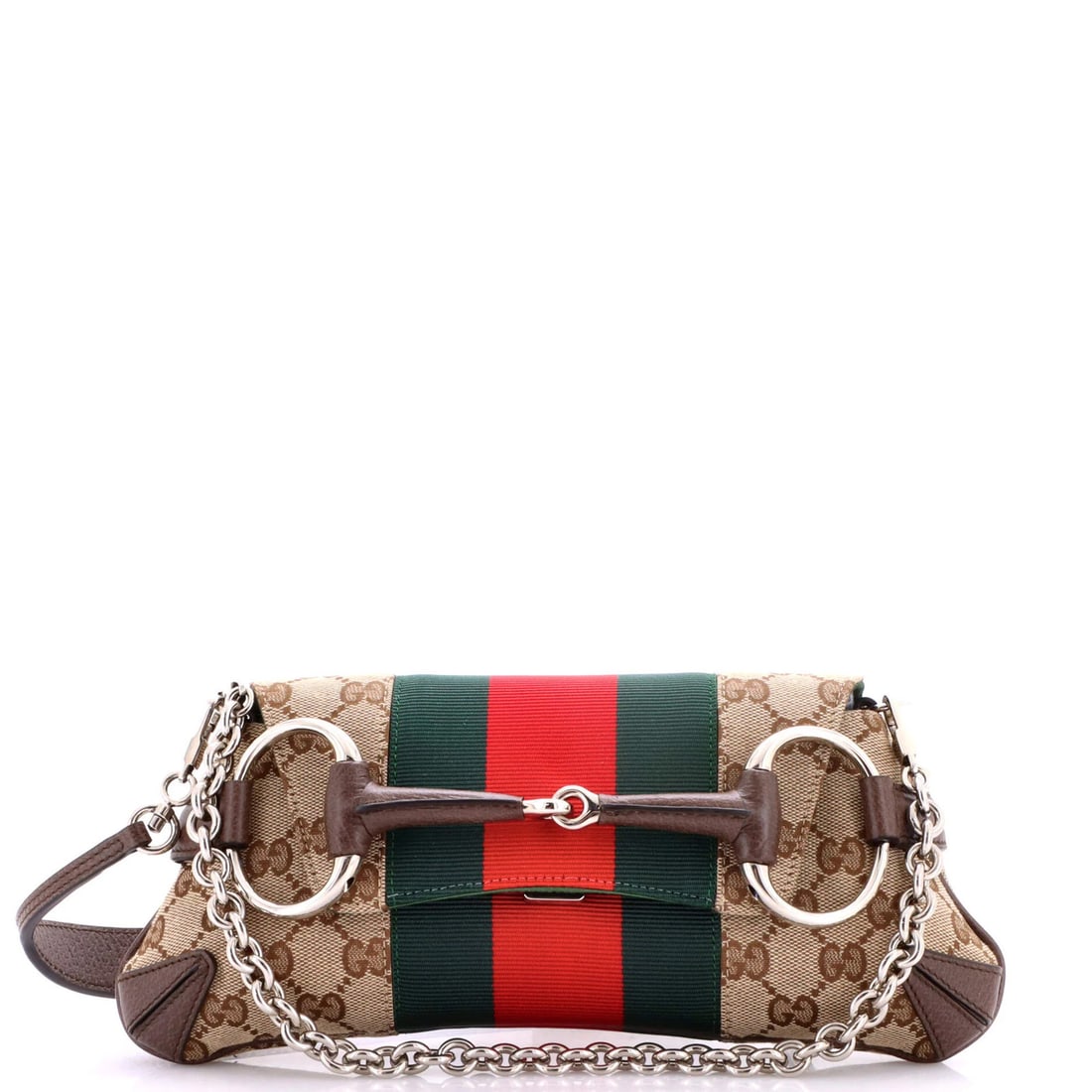 Gucci Canvas Small Clutch NM Web Horsebit Chain: Gucci Canvas Small Clutch NM Web Horsebit Chain Small Gucci Canvas Shoulder Bag in Brown with Horsebit Chain, featuring an extra strap for added convenience. The bag's exterior shows minor scuffs and 
