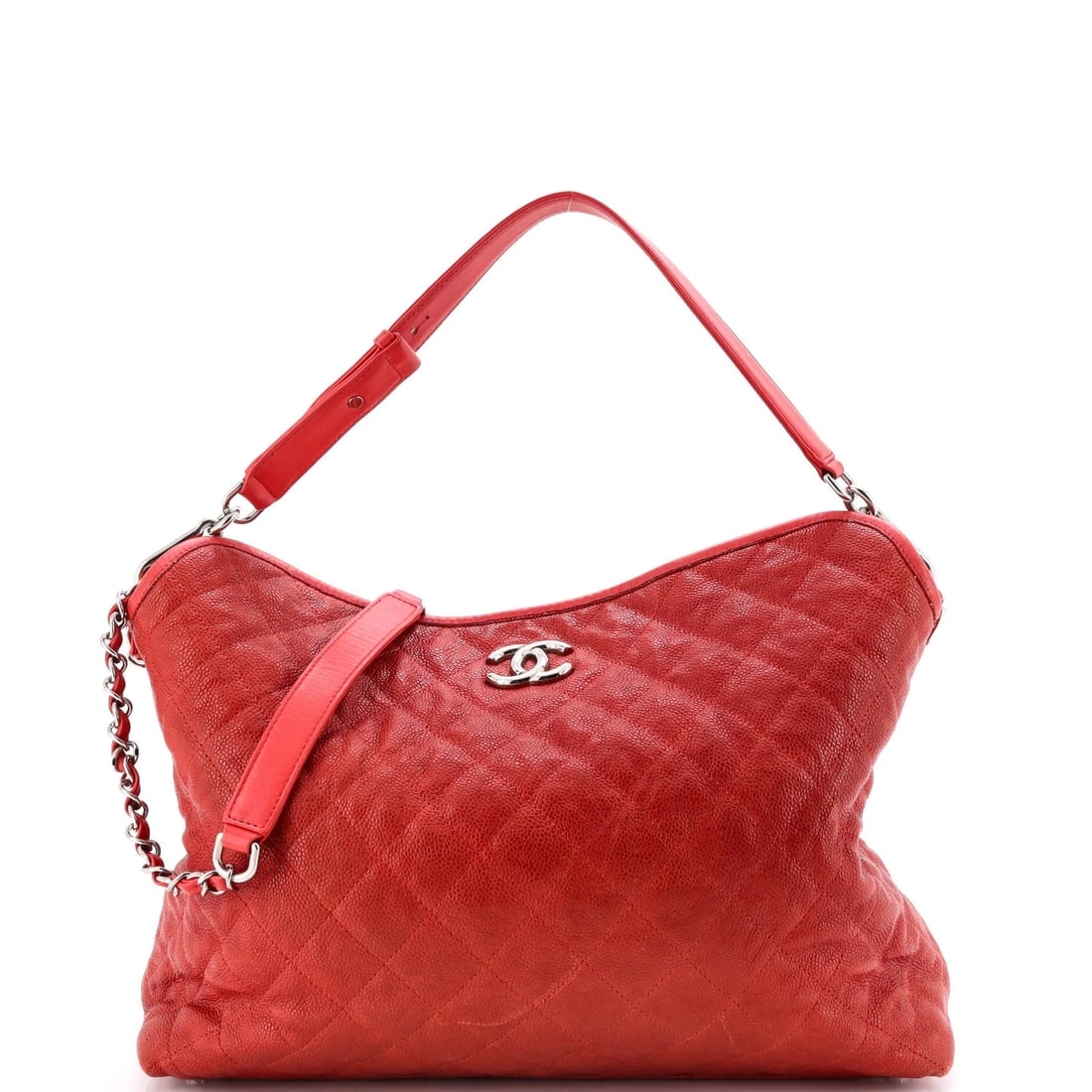 Caviar quilted large hobo Chanel French Riviera: Caviar quilted large hobo Chanel French Riviera The Caviar quilted large hobo from Chanel's French Riviera collection boasts a striking red exterior, adorned with intricate leather details. Measuring 