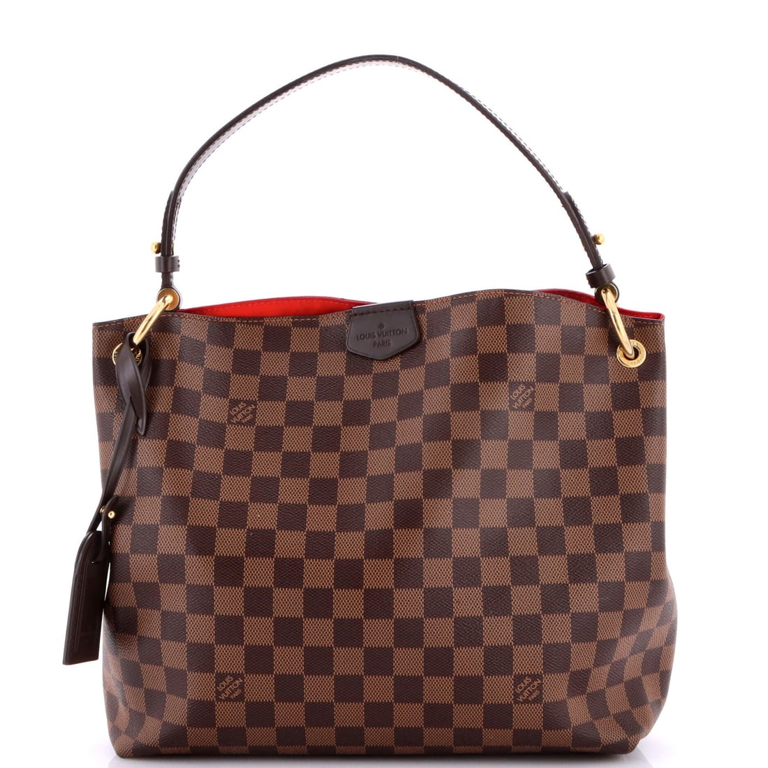 Handbag Damier Louis Vuitton Graceful: Handbag Damier Louis Vuitton Graceful Canvas Coated Damier PM exterior with brown color and red interior, gold hardware, and scuffs on handles/straps. The handbag features a classic hobos style with h
