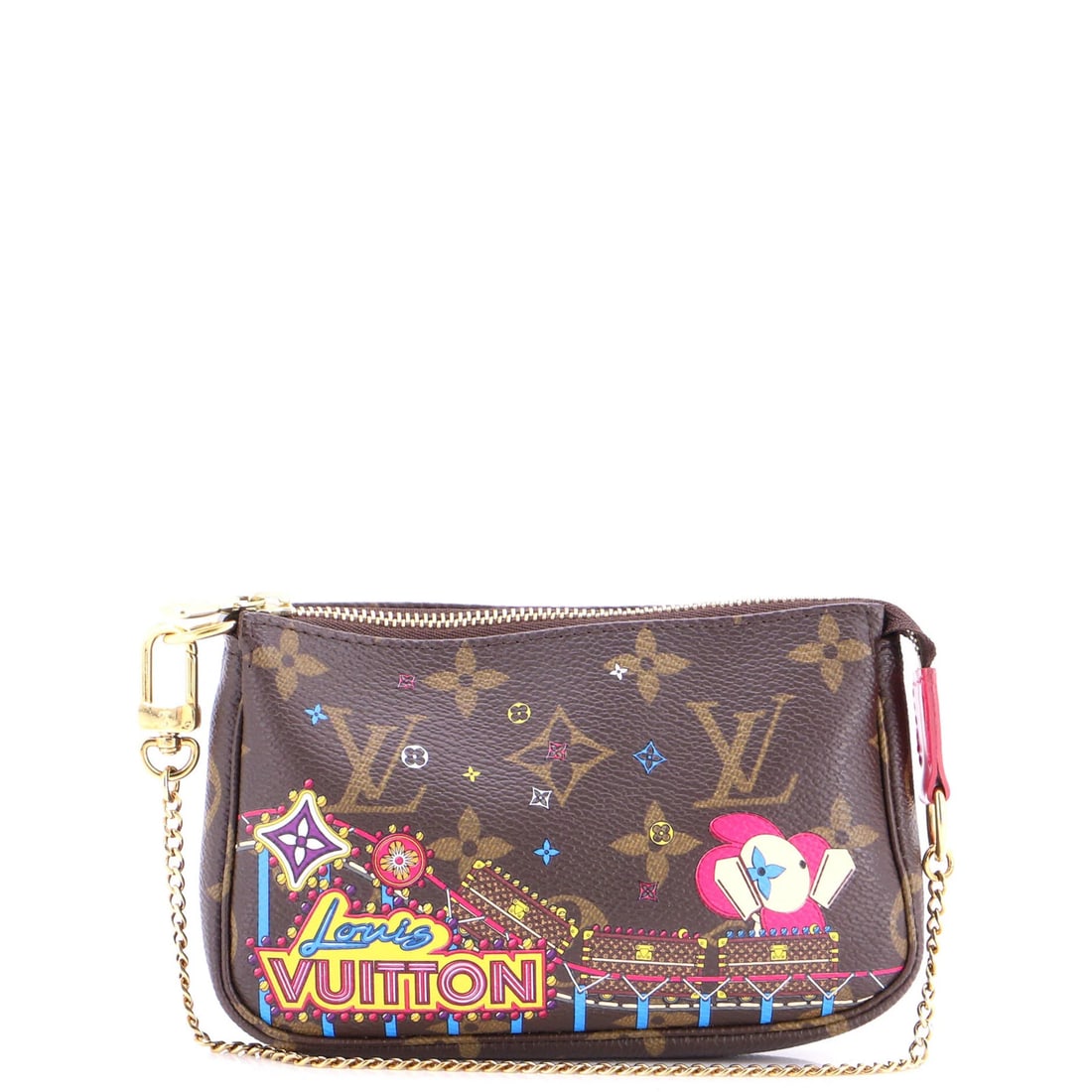 Limited Edition Pochette Accessoires Monogram Canvas Vivienne Louis Vuitton Xmas: Limited Edition Pochette Accessoires Monogram Canvas Vivienne Louis Vuitton Xmas Miniature canvas clutch with the iconic Monogram pattern, crafted by Louis Vuitton in collaboration with Vivienne. This