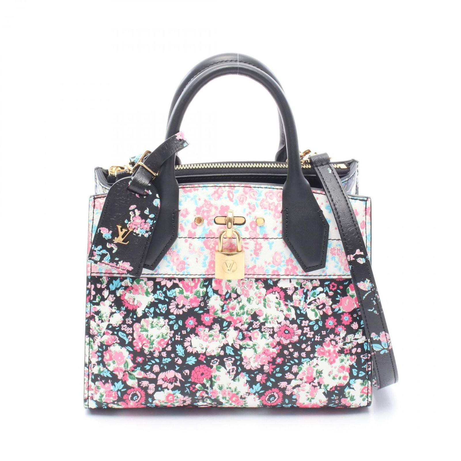 Handbag Louis Vuitton Leather: Handbag Louis Vuitton Leather Black, multi-color, and pink Louis Vuitton leather come together in this sleek handbag. Made from high-quality leather, the bag measures 19cm x 22cm x 11cm and features a