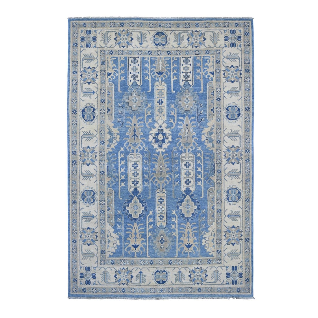 5'8"x9' Blue Vintage Look Kazak Geometric Design Wool Hand Knotted Rug: 5'8"x9' Blue Vintage Look Kazak Geometric Design Wool Hand Knotted Rug Blue Vintage Look Kazak Geometric Design Wool Hand Knotted Rug features a striking blue field with geometric patterns, showcasing