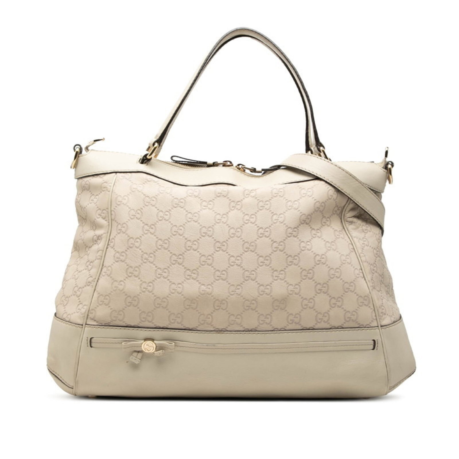 Shoulder Bag Leather Tote Gucci: Shoulder Bag Leather Tote Gucci The Gucci shoulder bag tote features high-quality beige leather and a sturdy zipper closure. Measuring 29cm x 44cm x 13cm, it has a comfortable handle drop of 13cm and 