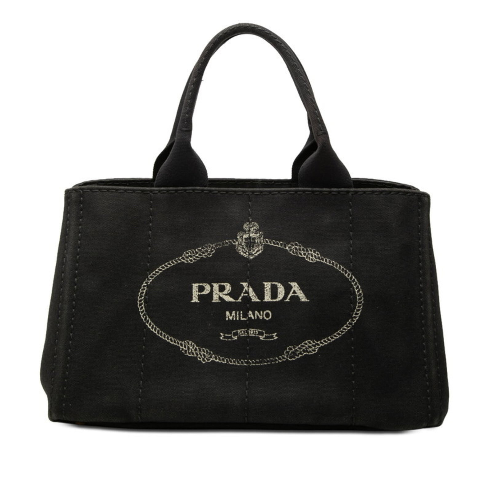 Canapa Tote Handbag Prada: Canapa Tote Handbag Prada Black Canapa Tote Handbag by Prada, measuring 21.5cm x 35cm x 22.5cm, offers a sleek and structured design with its signature material. The bag's compact size and classic sty