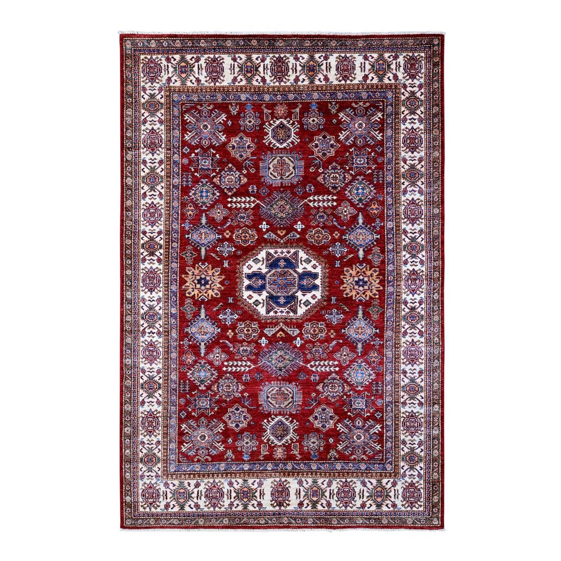 6'1"x9'3" Currant Red Hand Knotted Super Kazak Geometric Oriental Rug: 6'1"x9'3" Currant Red Hand Knotted Super Kazak Geometric Oriental Rug 6'1"x9'3" Currant Red Hand Knotted Super Kazak Geometric Oriental Rug - A stunning example of Afghan craftsmanship, this hand-knot