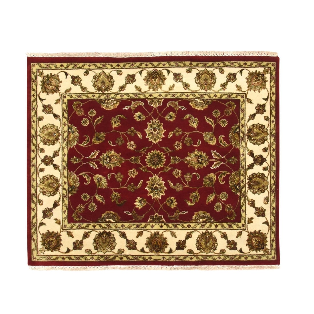 4'1"x5' Red Hand Knotted Wool and Silk Rajasthan Leaf Design Squarish Rug: 4'1"x5' Red Hand Knotted Wool and Silk Rajasthan Leaf Design Squarish Rug The 4'1"x5' Red Hand Knotted Wool and Silk Rajasthan Leaf Design Squarish Rug boasts an eye-catching red field with intricate 